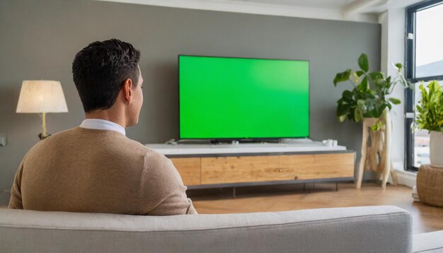 Hintergrundansicht eines Mannes, der zu Hause im Wohnzimmer Fernsehen sieht