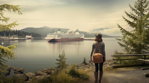 Hintergrundansicht eines Reisenden mit erhobenen Armen, das vor einem großen Kreuzfahrtschiff steht