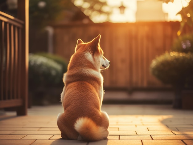 Hintergrundansicht eines Shiba-Inu, der vor dem Haus auf seinen Besitzer wartet