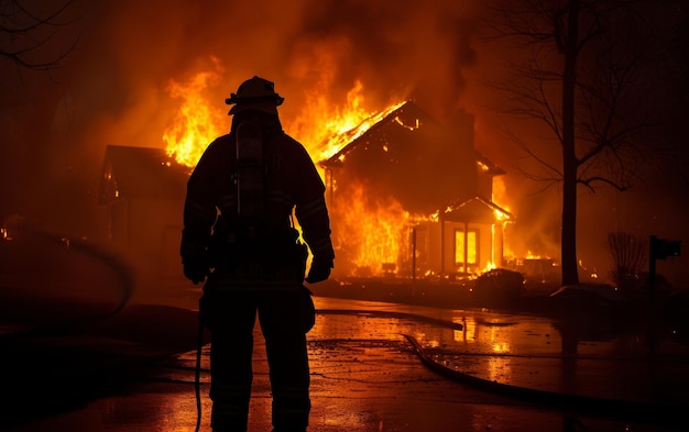 Hintergrundansicht eines tapferen Feuerwehrmanns, der vor einem Haus steht, das unter dem dunklen Nachthimmel in Flammen erwischt ist.