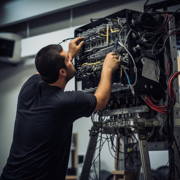 Hintergrundansicht eines Technikers, der eine Kamera installiert