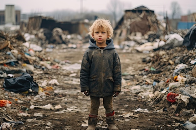 Hintergrundansicht eines traurigen Jungen im Plastikmüllraum, der in die Kamera schaut Der arme Junge steht auf einer Deponie am Stadtrand Armutskonzept