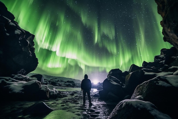 Hintergrundansicht eines unbekannten Reisenden, der während einer Reise durch Island das atemberaubende grüne Nordlicht bewundert