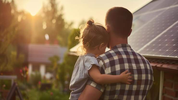 Hintergrundansicht eines Vaters, der seine Tochter bei Sonnenuntergang in den Händen hält, während er auf Sonnenkollektoren eines Hauses schaut