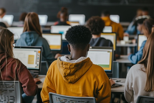 Hintergrundansicht Mehrethnische Gruppe junge weibliche und männliche Schüler sitzen nach dem Unterricht an den Schreibtischen