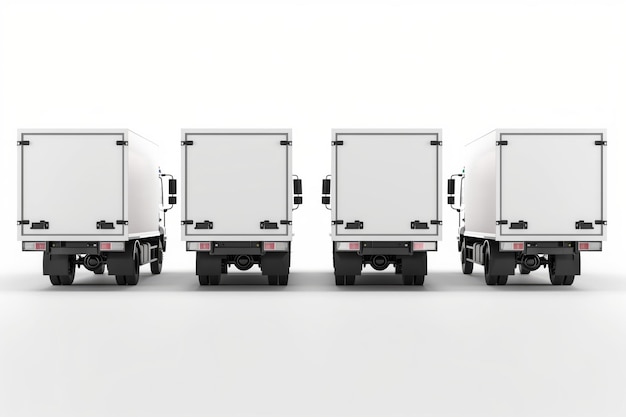 Hintergrundansicht von drei weißen Lieferwagen, die auf einem sauberen weißen Hintergrund isoliert sind