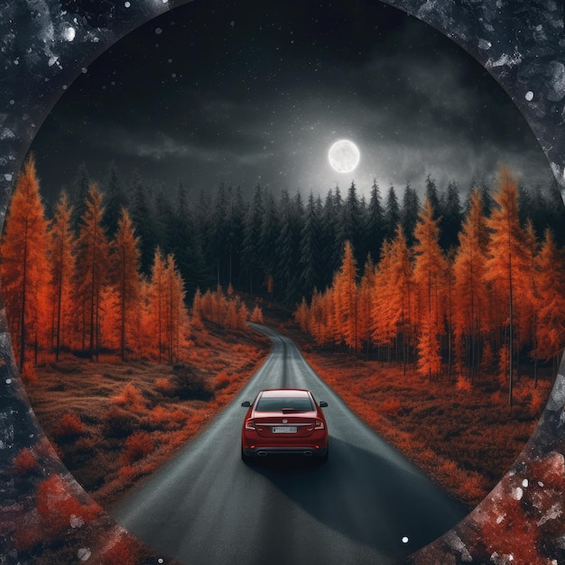 Hintergrundansicht von Drohnen über den Herbst farbenfrohen Wald mit geraden roten Roa-Auto und Mond Generative Ai