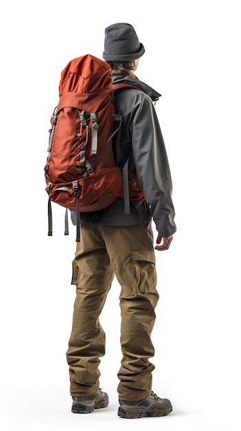 Hintergrundansicht von einem Mann mit Rucksack, der auf weißem Hintergrund als Bergsteiger isoliert ist