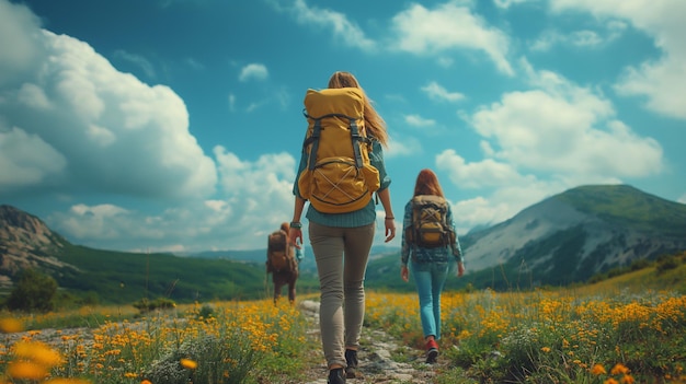 Hintergrundansicht von Frauen, die mit Rucksäcken auf dem Weg in der Wiese wandern