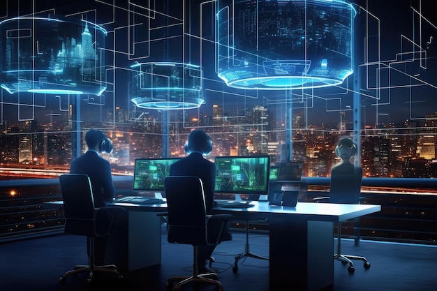 Hintergrundansicht von Geschäftsleuten, die in einem Büro an einem Projekt arbeiten, mit Stadtbild in der Nacht 3D-Rendering Futuristischer Cyber-Sicherheits-Arbeitsraum und ein Team moderner Geschäftsleute, die zusammen arbeiten KI-generiert