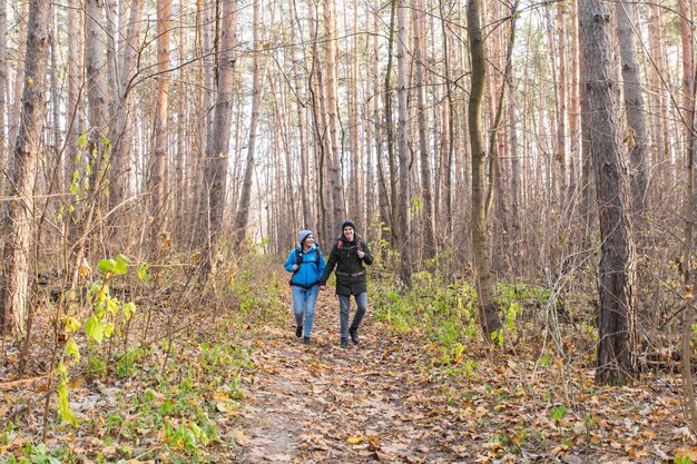 Hintergrundansicht von Männern, die im Wald spazieren gehen