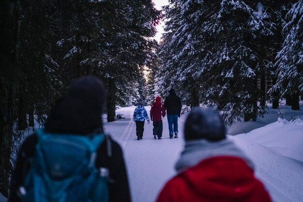 Foto hintergrundansicht von menschen, die auf schneebedecktem land laufen