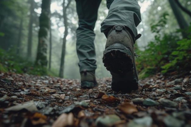 Hintergrundansicht von Reiselstiefeln, die im Bergwald spazieren gehen