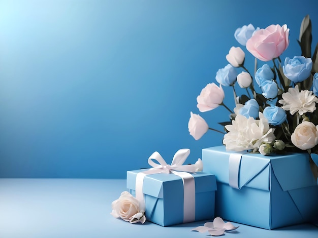 Hintergrundbanner für Feierlichkeiten in blauer Farbe mit Kopierraumhintergrund mit Blumen und Geschenkboxen für eine Verkaufskampagne