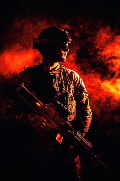 Hintergrundbeleuchtete Silhouette von Spezialeinheiten Marine auf Feuer Explosion Hintergrund Kampfbomben explodieren Rauchwellen