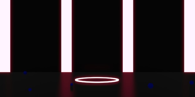 Hintergrundbeleuchtetes Display mit gebogenem Rahmen Displayständer Neonlicht schwarzer Hintergrund 3D-Rendering