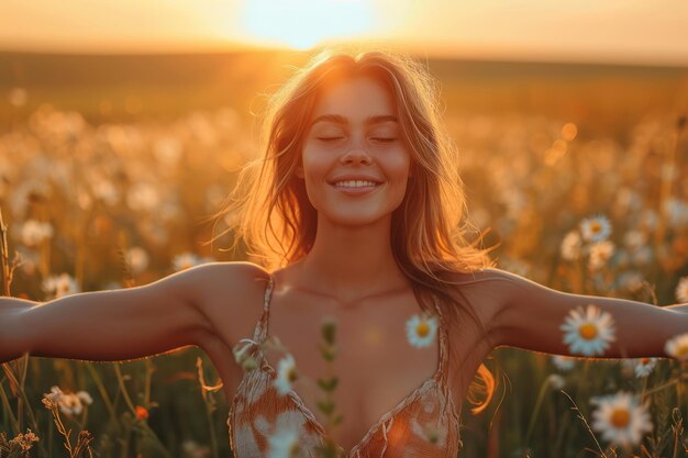 Hintergrundbeleuchtetes Porträt einer ruhigen, glücklichen, lächelnden, freien Frau auf einem grünen Feldhintergrund Generative KI