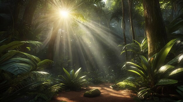 Hintergrundbild, das einen tropischen Wald mit Sonnenlicht zeigt