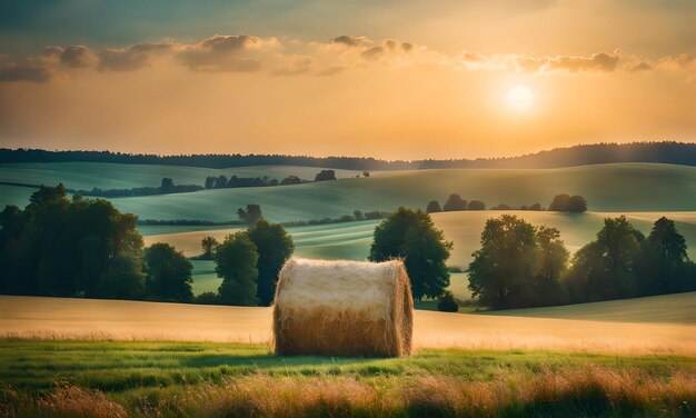 Hintergrundbild der Heuernte auf der Wiese unter himmelblauem Himmel