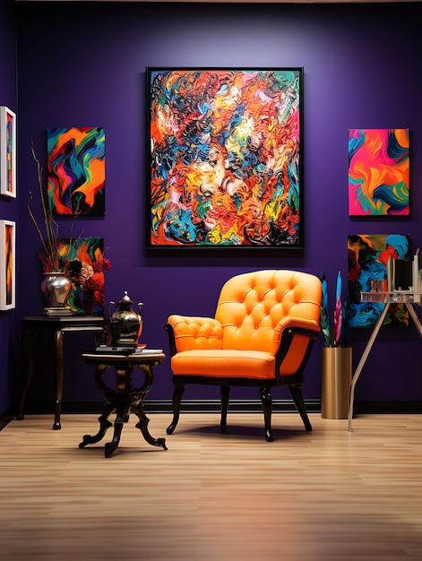 Hintergrundbild der Kunstgalerie, moderner Stuhl, abstrakte Kunst, Gemälde, Skulpturen, ein Content-Creator-Konzept