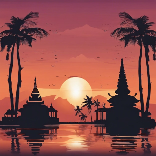 Hintergrundbild des Nyepi-Tages mit dem Tempel beim Sonnenuntergang