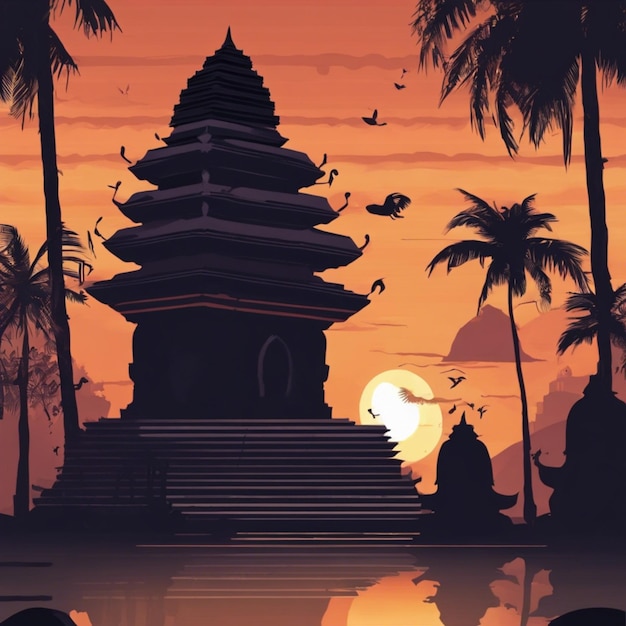 Hintergrundbild des Nyepi-Tages mit dem Tempel beim Sonnenuntergang