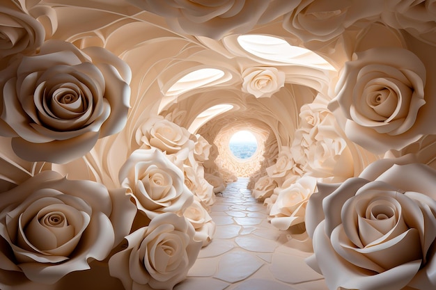 Hintergrundbild des Tunnelpfads aus weißen Rosen