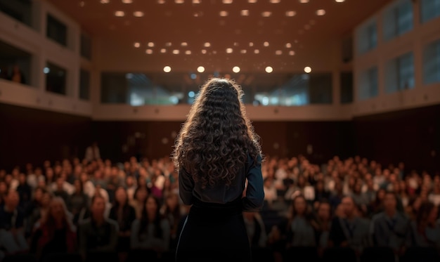 Hintergrundbild einer brünetten Sprecherin mit langen, lockigen Haaren vor ihrer Konferenzversammlung