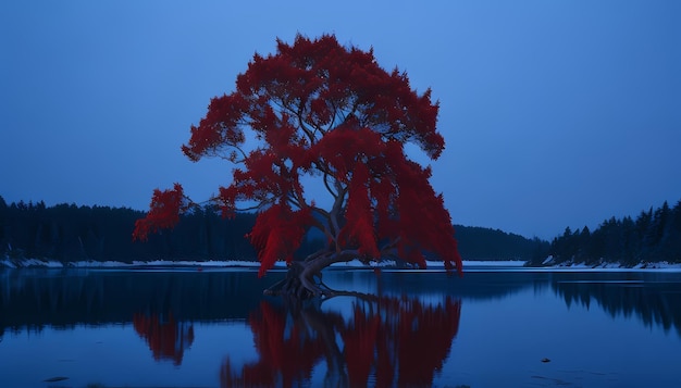 Hintergrundbild HD Ruhiger roter Baum auf einer Insel inmitten nebliger Himmel