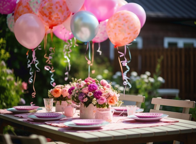 Foto hintergrundbild in voller länge von sommer-piknik-tisch im freien mit ballons für geburtstagsfeiern