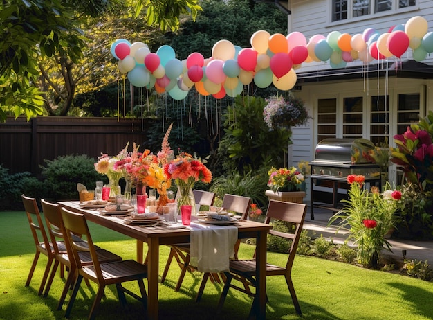 Foto hintergrundbild in voller länge von sommer-piknik-tisch im freien mit ballons für geburtstagsfeiern