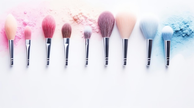 Hintergrundbild: Make-up-Pinsel in Pastellrosa und Blau, die flach auf einer weißen Oberfläche liegen, bieten Platz zum Kopieren