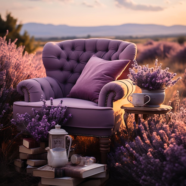 Hintergrundbild von Lavender Field Rolling Hills Vintage Sessel Mason Jars Lav Content Creator Konzept