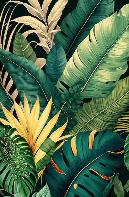 Hintergrunddarstellung der generativen KI Bunte tropische Palmblätter