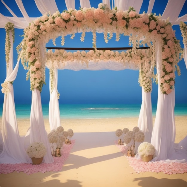 Hintergrunddekoration für eine Hochzeitszeremonie am Strand in einem glücklichen Moment