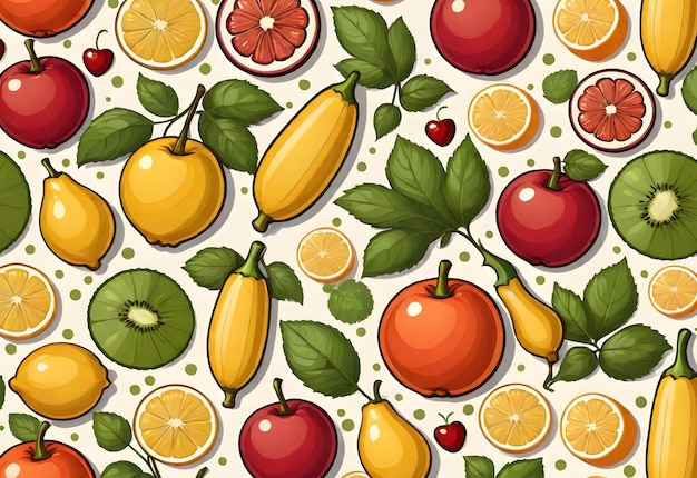 Foto hintergrundmuster mit organischen früchten und objekten im cartoon-stil