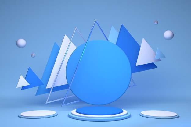 Hintergrundtextur des blauen Podiums 3d in den Pastellfarben Abstrakte geometrische Formen mit Dreiecks- und Kugel-3D-Darstellung für minimale Szene der kreativen Idee