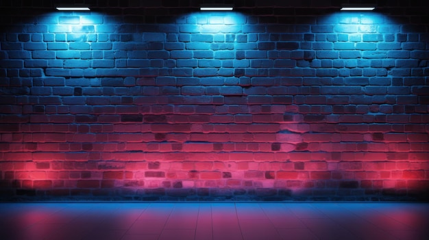 Hintergrundtextur mit ungepflasterten Ziegelsteinwänden und Neon