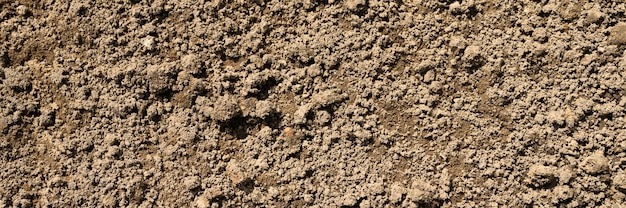 Hintergrundtextur von der losen Oberfläche des Sand- und Erdbodens. Draufsicht. Banner