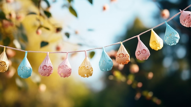 Hintergrundvorlage für eine Sommerfeier mit einer bunten Decoration mit Fahnenfahnen inmitten von grünem Baumblatt und blauem Himmel