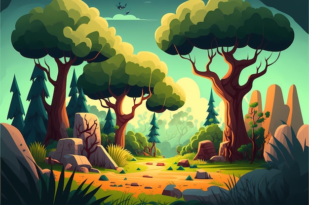 Hintergrundwaldillustration, Landschaft im Cartoon-Stil, endloser Naturhintergrund für Computerspiele