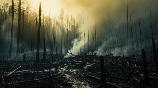 Hinterhaltende Szene nach dem Brand mit Silhouetten von verkohlten Bäumen und Nebel bei Morgengrauen bei Waldbränden