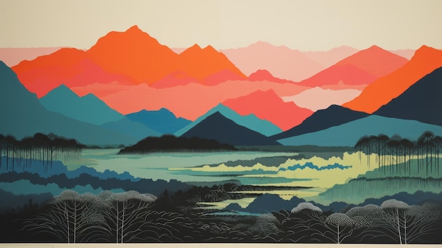 Hinterland década de 1970 Impressão de tela bloqueio de cores