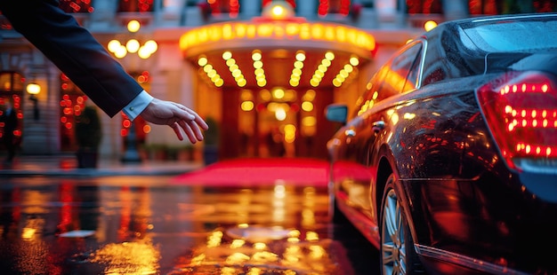 Hinterlicht eines schwarzen Luxus-Geschäftswagens, das auf dem Straßenparkplatz eines teuren Hotels nachts in Nahaufnahme steht, männliche Hand eines erfolgreichen Geschäftsmanns
