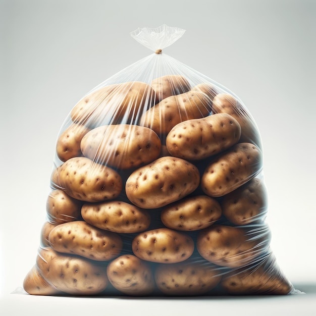 Foto hiper-realistas batatas frescas num saco transparente isoladas sobre um fundo branco