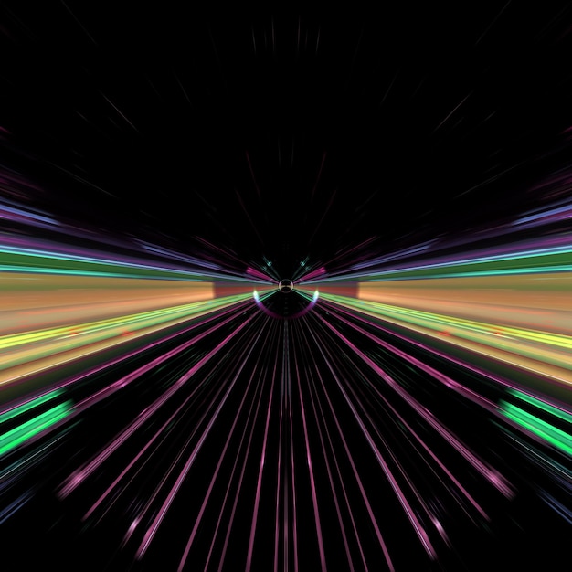 Hiper salto de alta velocidade no espaço movimento acelerado no túnel Movimento para a frente embaçado feixes de luz brilhantes no túnel renderização 3d