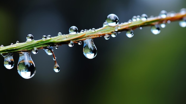 Hiper zoom de una gota de lluvia agarrada a una ramita