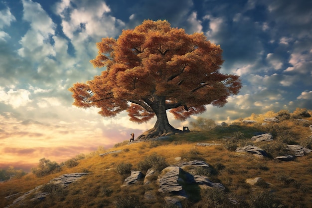 hiperdetallado árbol de roble de castaño surrealista en la cima de una colina majestuoso detallado vasto paisaje