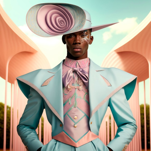 Hiperrealismo inspirado en África de alta costura de primavera pastel con un modelo masculino negro en la década de 1950 Coutur