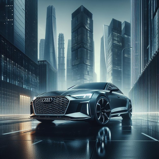 hiperrealista Audi en un paisaje urbano capturando elegante sofisticación metálica y potencia